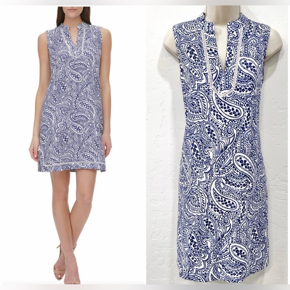 Tommy Hilfiger Sleeveless Navy & White Paisley Shift Dress- Size 4